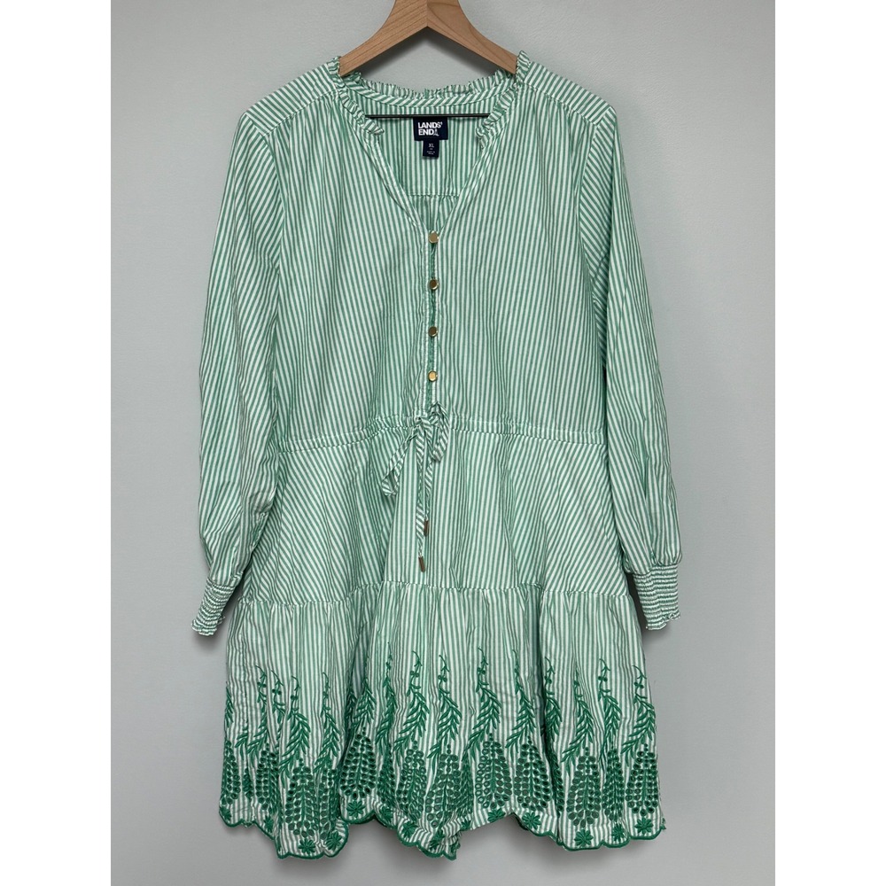 Lands' End Green and White Striped Mini Dress with Embroidered Hem